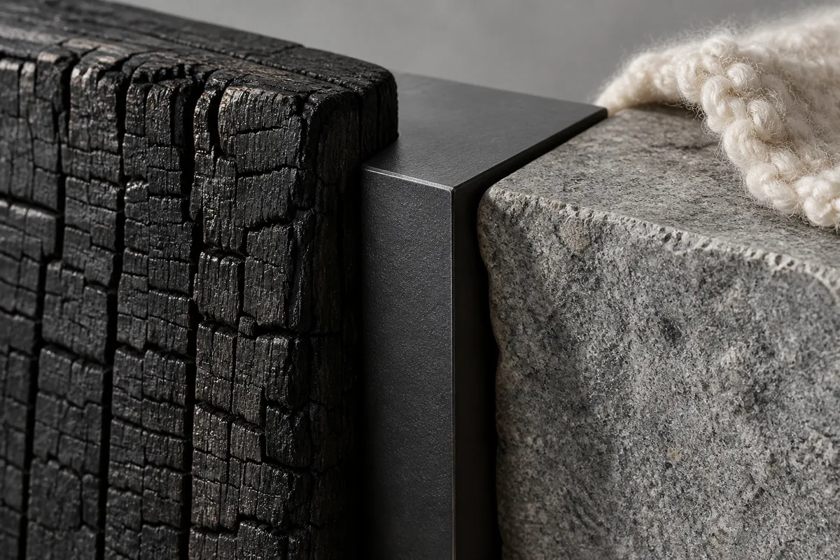 Détail de matières dans un chalet contemporain, bois brûlé, métal noir et pierre