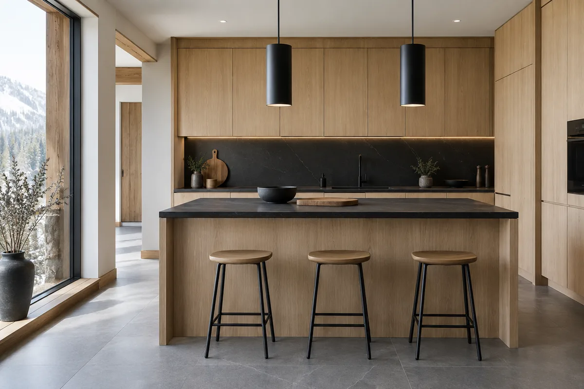 Cuisine ouverte de chalet moderne en bois clair avec plan de travail noir