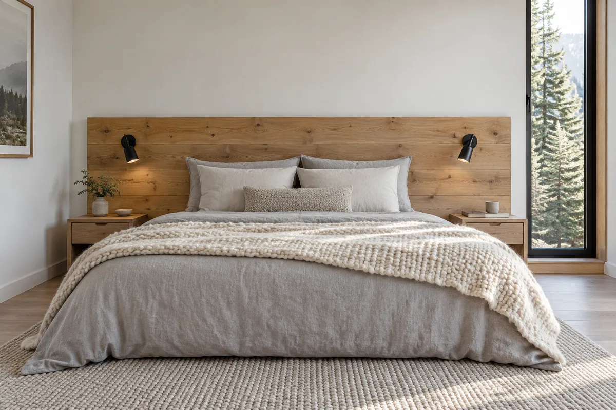 Chambre de chalet moderne aux murs blancs et tête de lit en bois brut