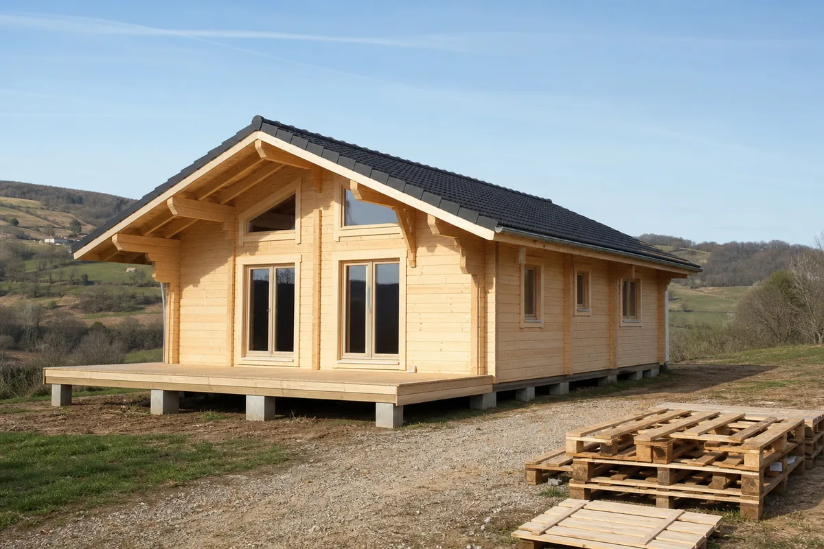 Chalet en bois habitable de 70 m² livré monté sur fondations, façade en madriers