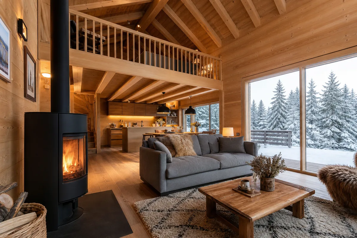 Séjour ouvert avec mezzanine dans un chalet en bois de 70 m², poêle et charpente apparente