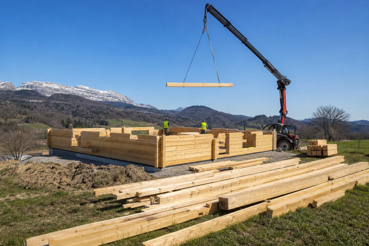 Montage de la structure en madriers d&rsquo;un chalet en bois habitable de 70 m² sur chantier
