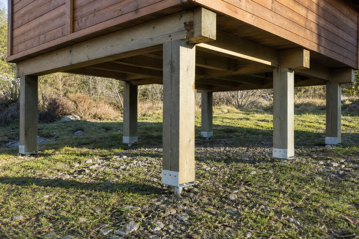Chalet en bois sur pilotis dans une clairière de montagne, vide ouvert sous le plancher