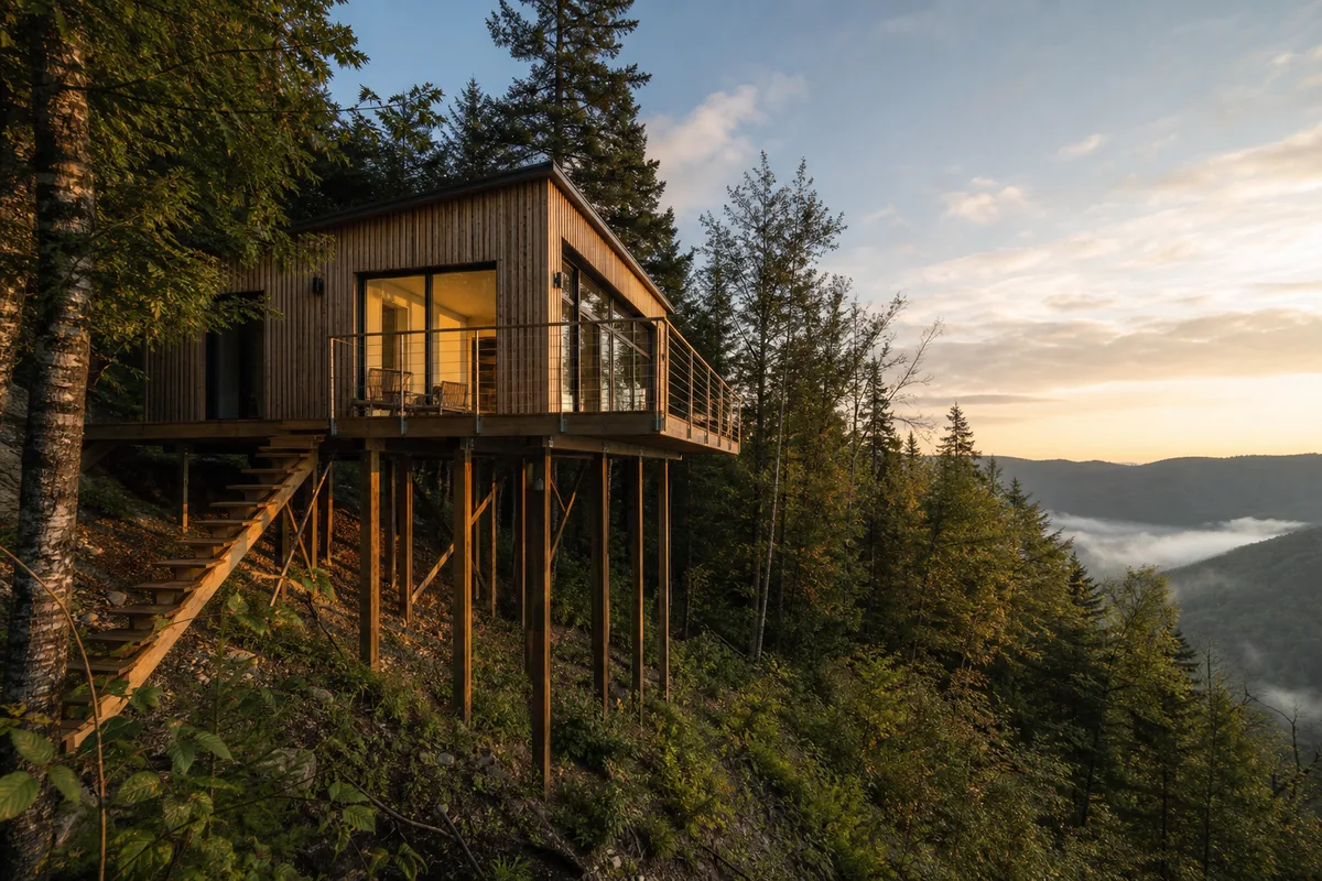 Chalet contemporain sur pilotis en pente boisée, terrasse en encorbellement et escalier extérieur