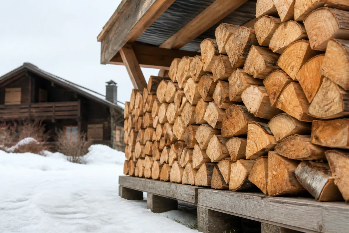 Bûches de feuillus empilées sous un abri en bois ouvert au vent, chalet enneigé en arrière-plan