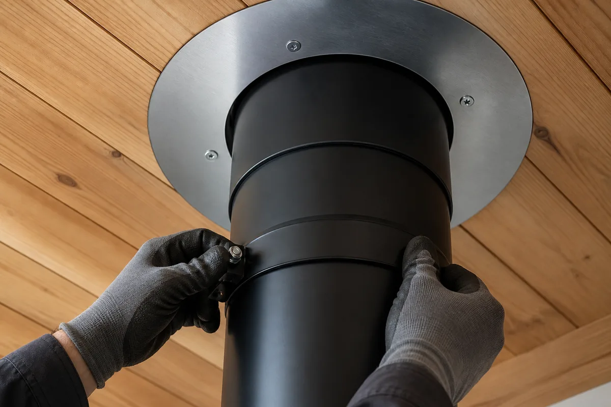 Traversée de plafond en lambris avec conduit de fumée double paroi et plaque de sécurité