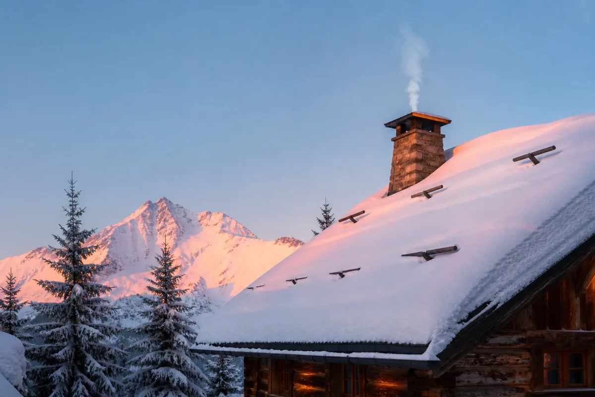 Conduit de fumée dépassant du faîtage d&rsquo;un toit de chalet couvert de neige au petit matin