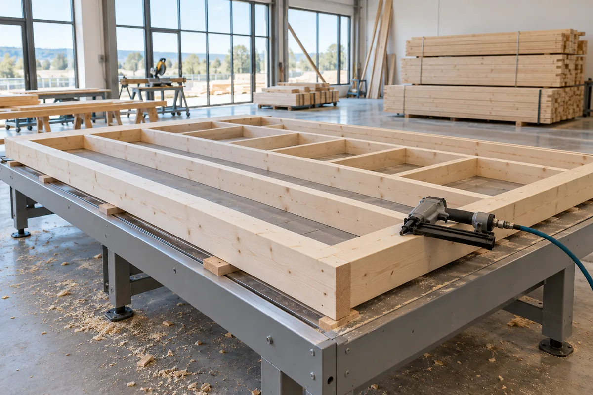Panneau d’ossature en épicéa assemblé à plat sur une table de montage dans un atelier de préfabrication