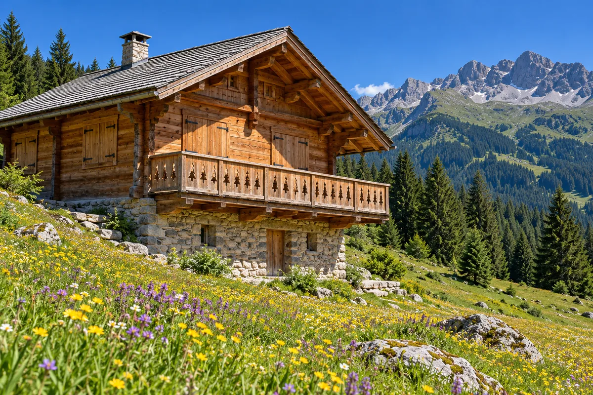 Chalet en bois livré au bord d’un alpage en été, balcon à balustres découpés et volets fermés