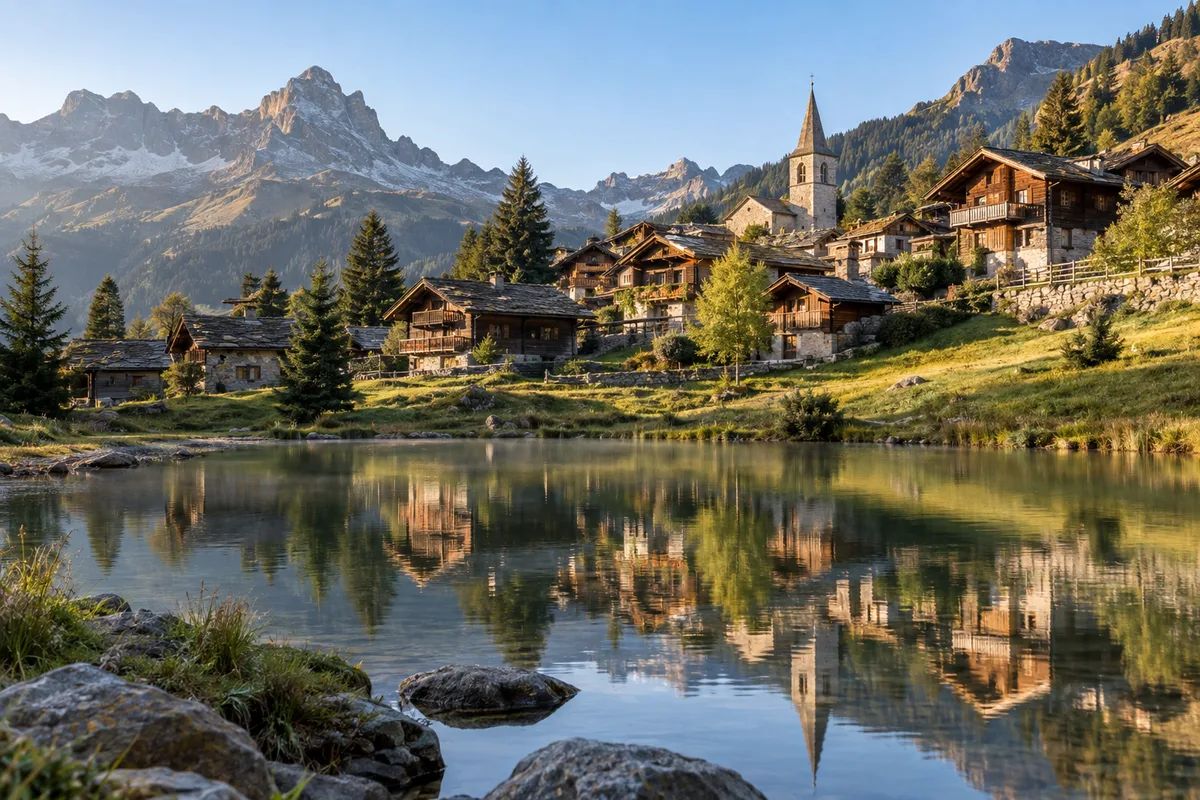 Chalets étagés à flanc de montagne au-dessus d&rsquo;un lac de village savoyard
