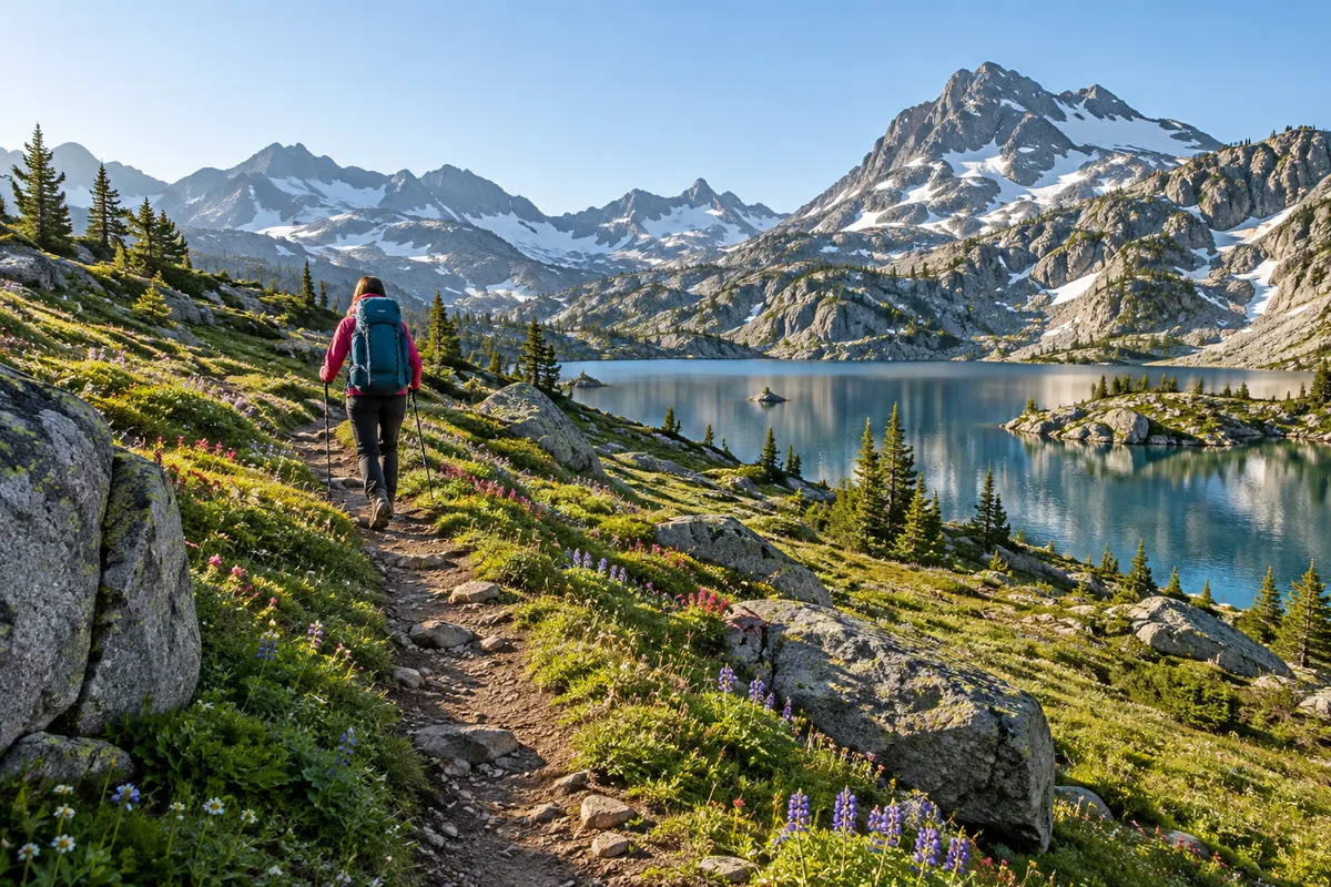 Sentier d&rsquo;alpage menant à un lac de montagne au-dessus de Courchevel