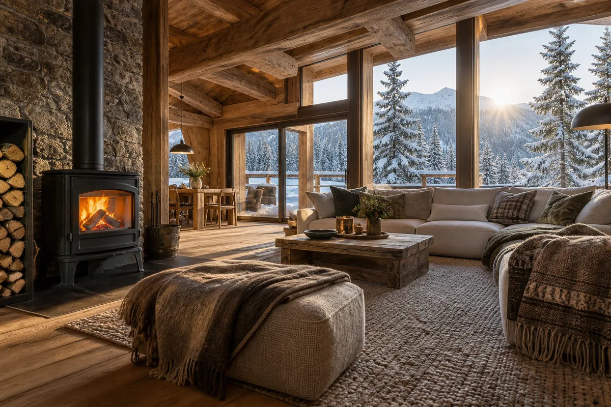 Intérieur de chalet vide avec poêle à bois et poutres apparentes
