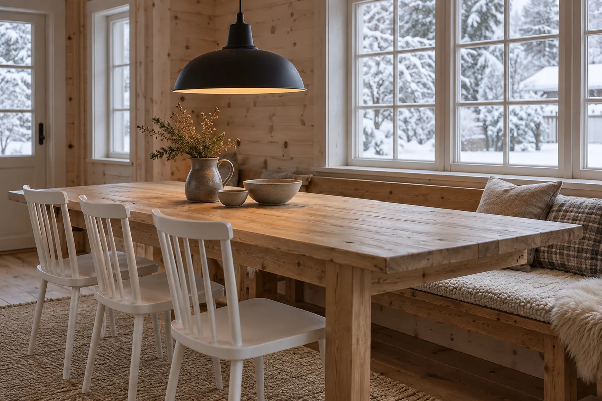 Coin repas de chalet avec table en bois blond, chaises blanches et banc garni d’un coussin en laine