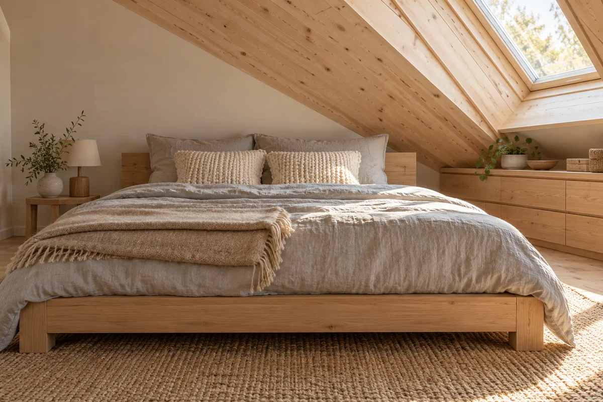 Chambre mansardée lambrissée avec lit en bois clair, linge en lin gris et coussins tricotés écrus