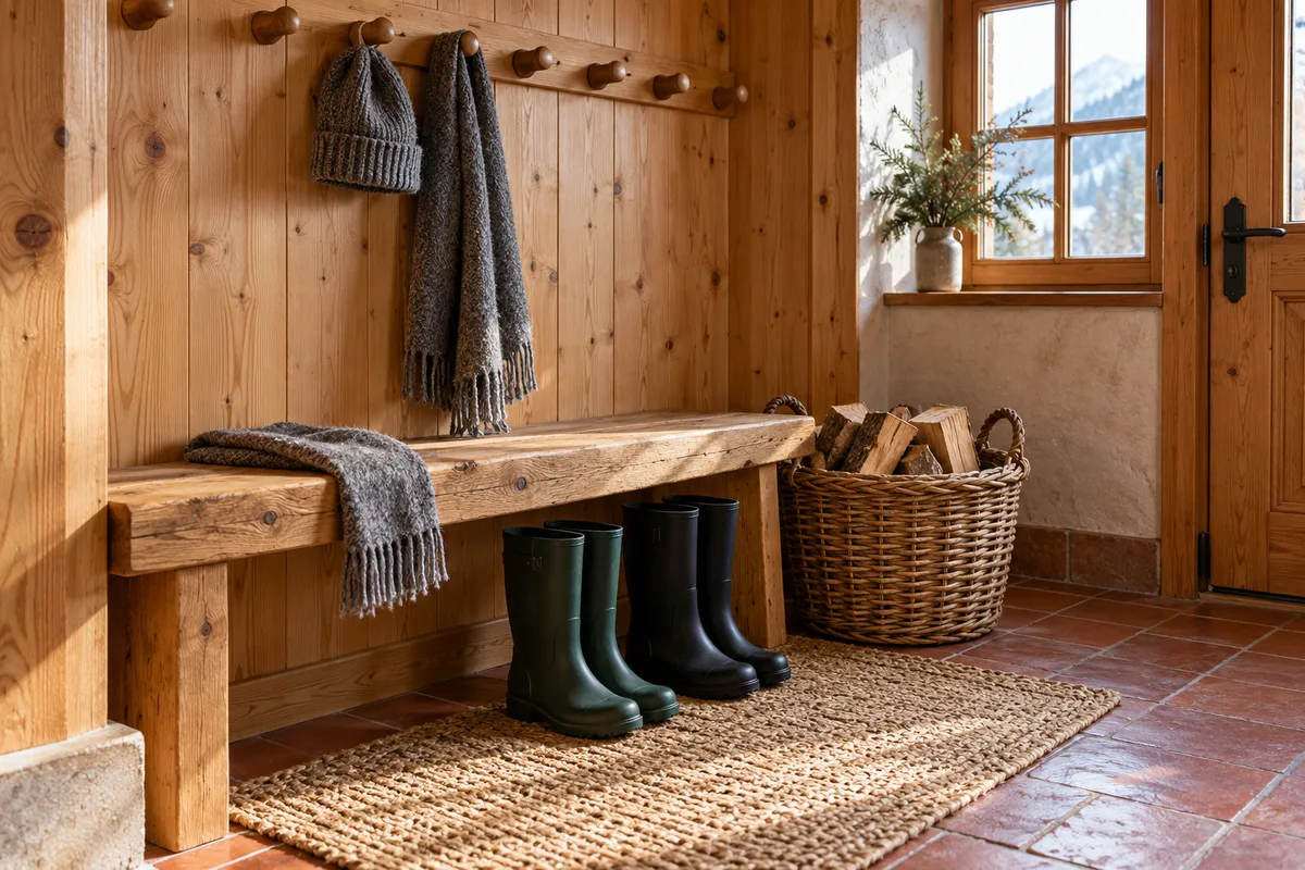 Entrée de chalet avec banc en bois, patères, panier de bûches et bottes sur un tapis tressé