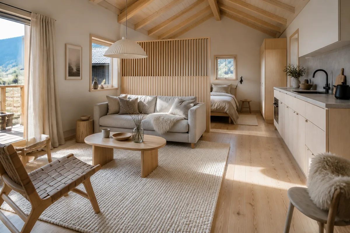 Plan ouvert d&rsquo;un petit chalet en bois clair avec coin nuit et séjour délimités par un tapis