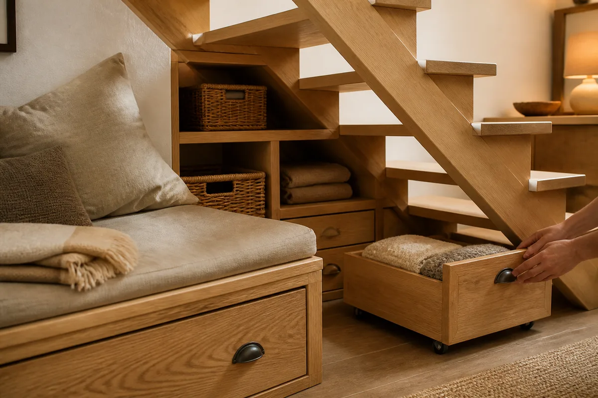 Banquette coffre et tiroirs de rangement intégrés sous un escalier de chalet en bois clair