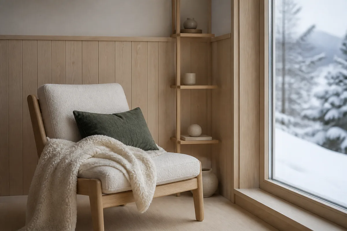 Mur en lambris clair, textiles en laine et lumière d&rsquo;hiver dans un petit chalet de montagne