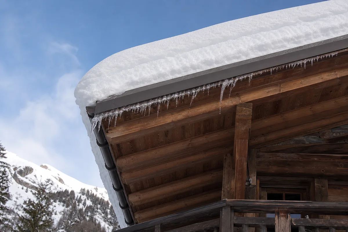Toiture de chalet en bois à forte pente supportant un épais manteau de neige