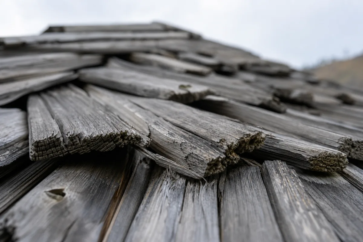Détail d&rsquo;une couverture en tavaillons de mélèze grisés sur un chalet alpin