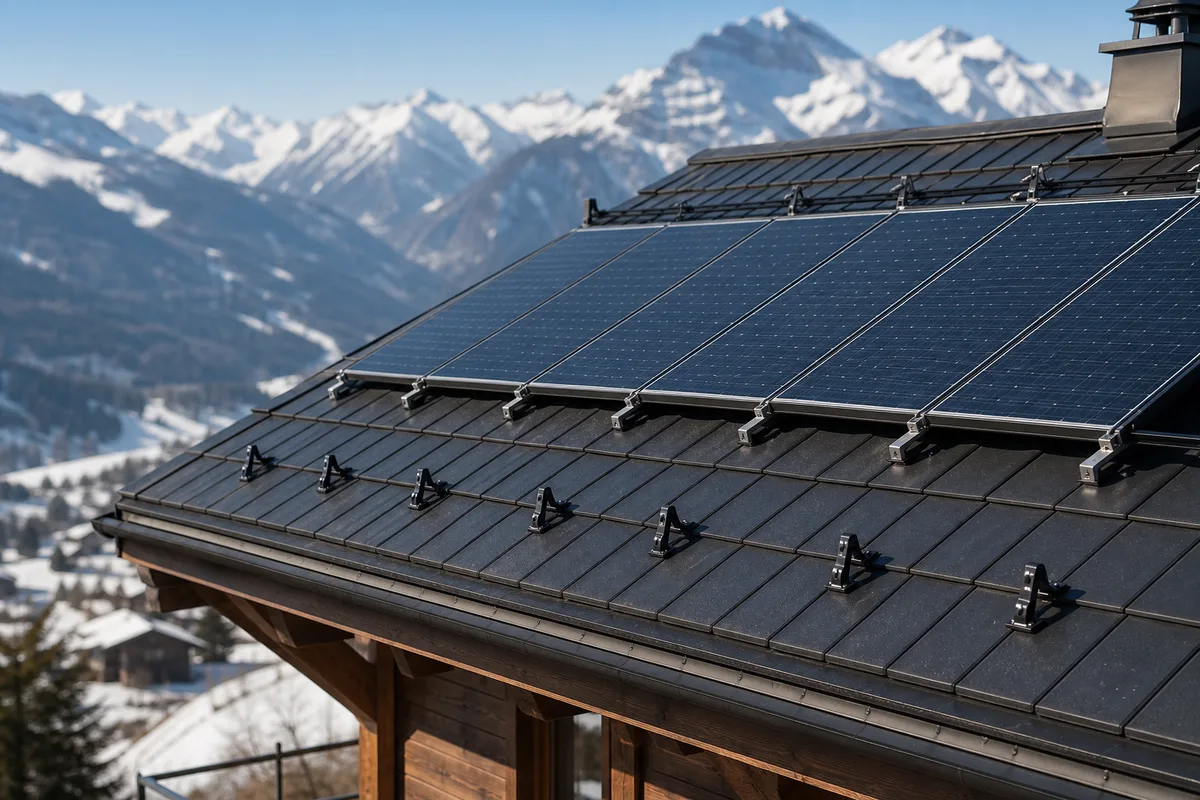 Panneaux solaires et arrêts de neige installés sur le toit pentu d&rsquo;un chalet de montagne