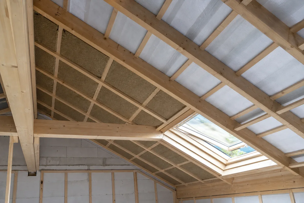 Sous-face de toiture de chalet en chantier, chevrons apparents et écran de sous-toiture posé