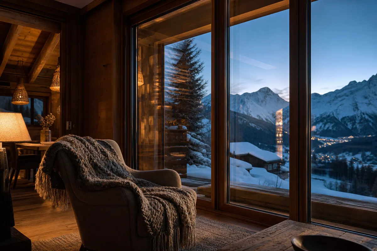 Baie vitrée triple vitrage d&rsquo;un chalet en bois face à la neige
