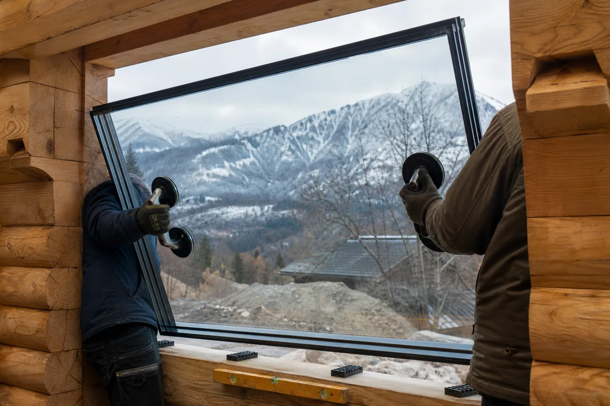 Pose d&rsquo;une fenêtre triple vitrage sur un mur en madriers de chalet