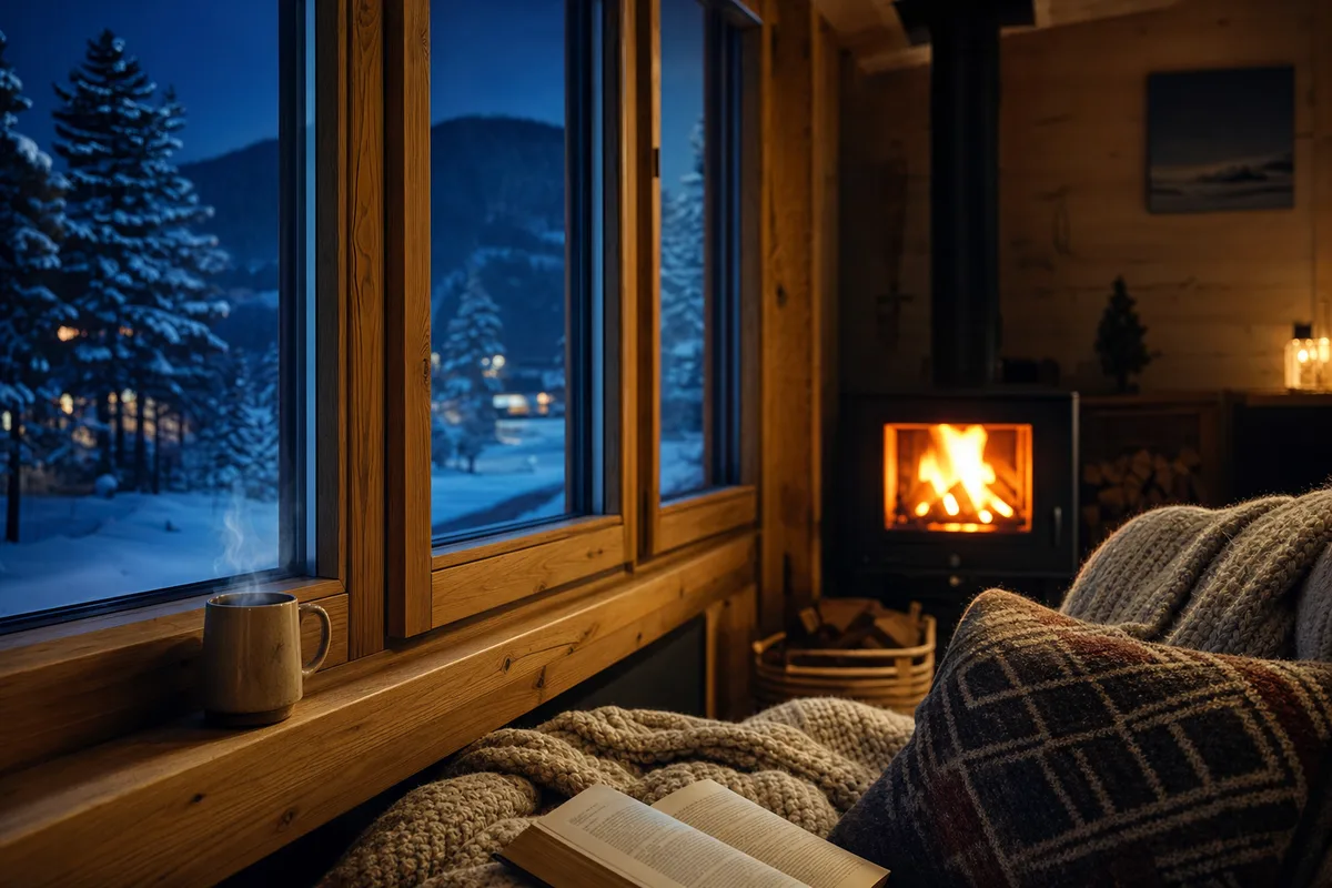 Intérieur chaleureux de chalet avec grande fenêtre triple vitrage en hiver